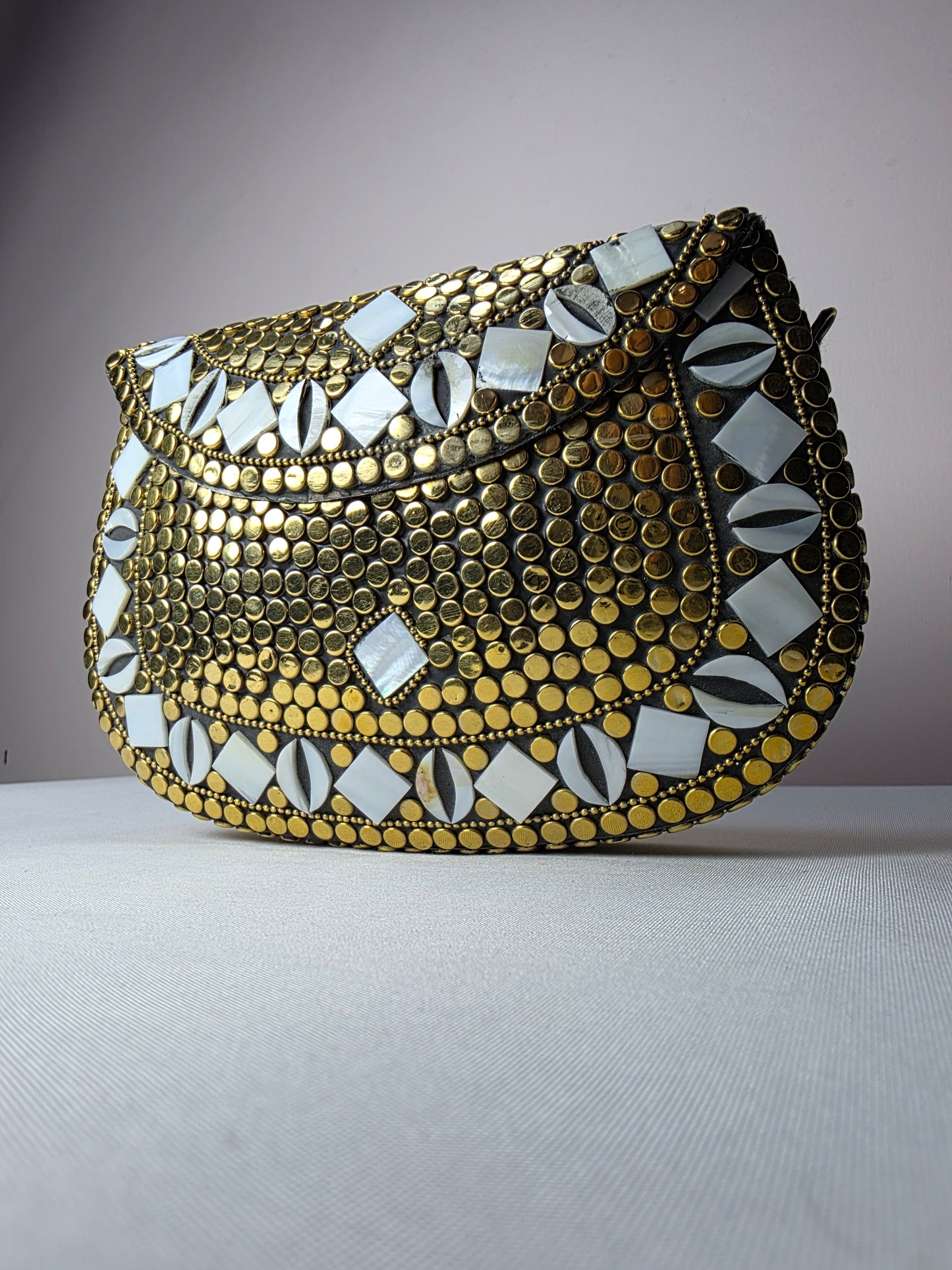 Artisan Crafted Metal Clutch with Mother of Pearl Accents